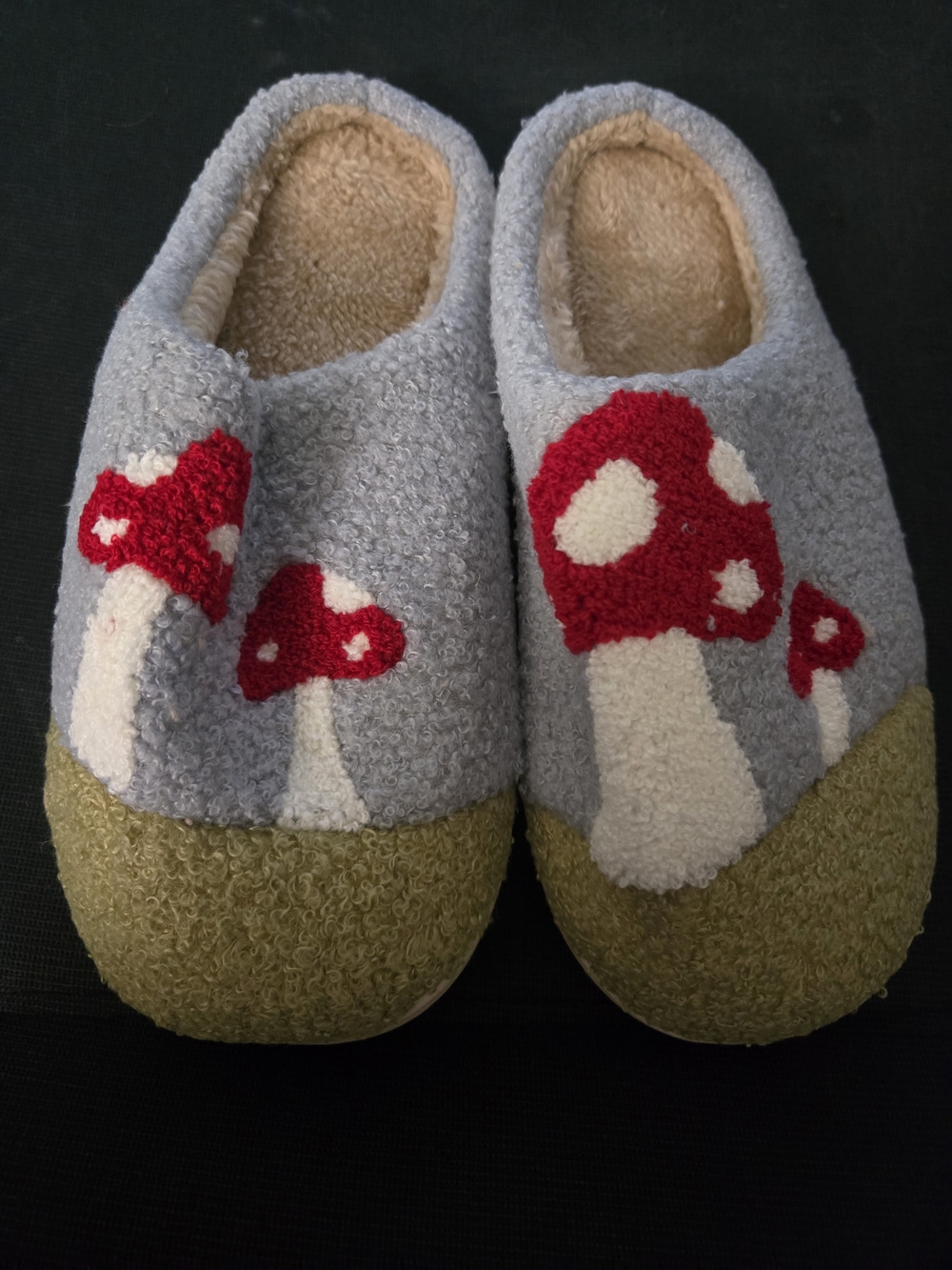 Grey Mushroom Cozy Women's Slippers - Red & Cream Accent